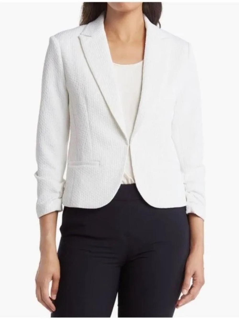 Amanda & Chelsea White Textured Notch-Lapel Cropped Blazer